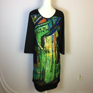 The Paragon Shift Dress Sz M Womans Black Green Abstract Knit 3/4 Sleeve Stretch